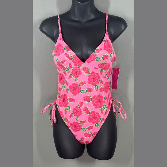NEW Betsey Johnson Swimsuit Womens Medium pink red floral rose one piece - Picture 1 of 10